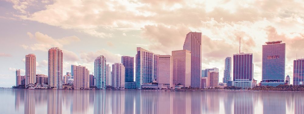 Beautiful Miami Florida skyline at sunset and Biscayne Bay